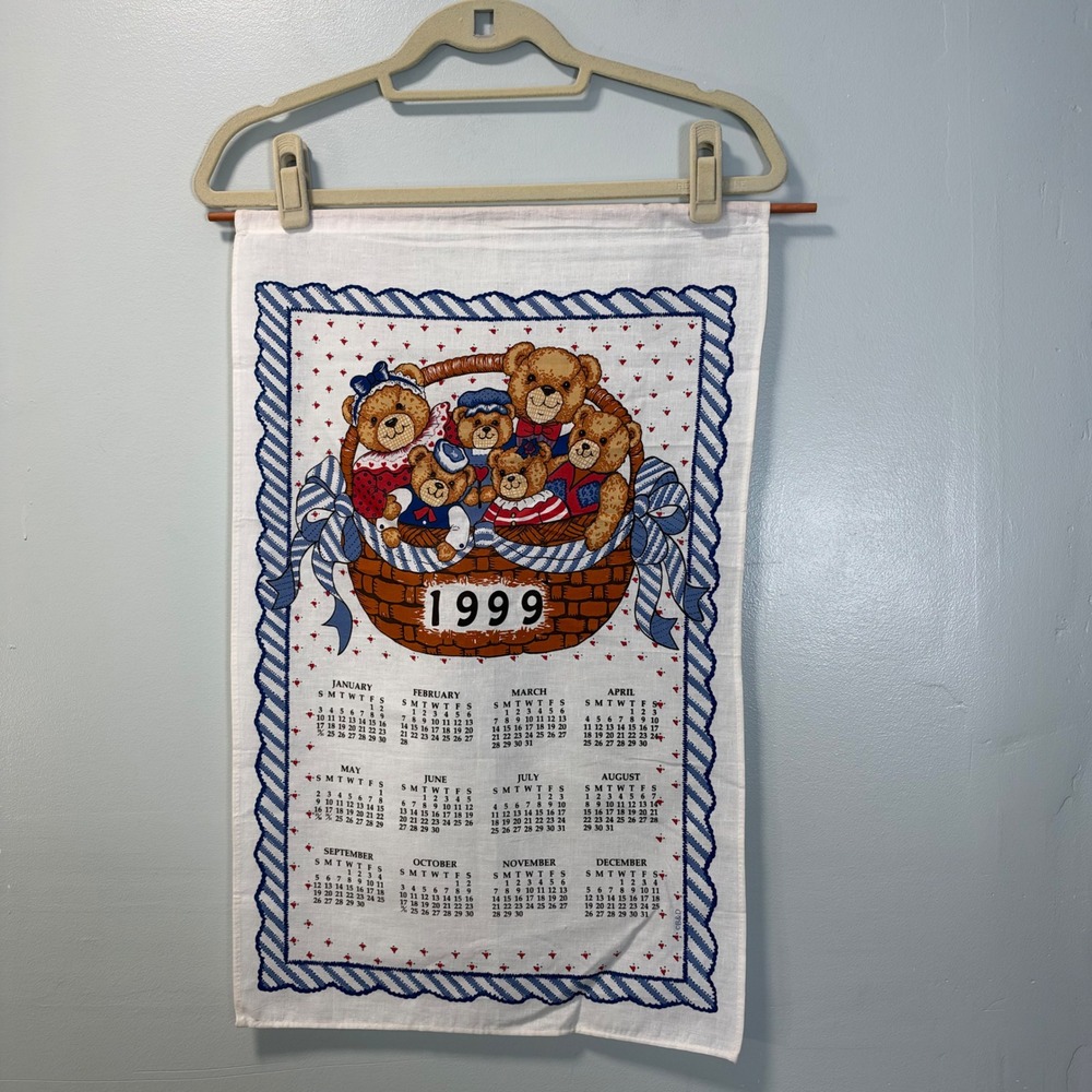 Vintage 1999 Teddy Bear Linen Calendar Wall Hanging Tea Towel